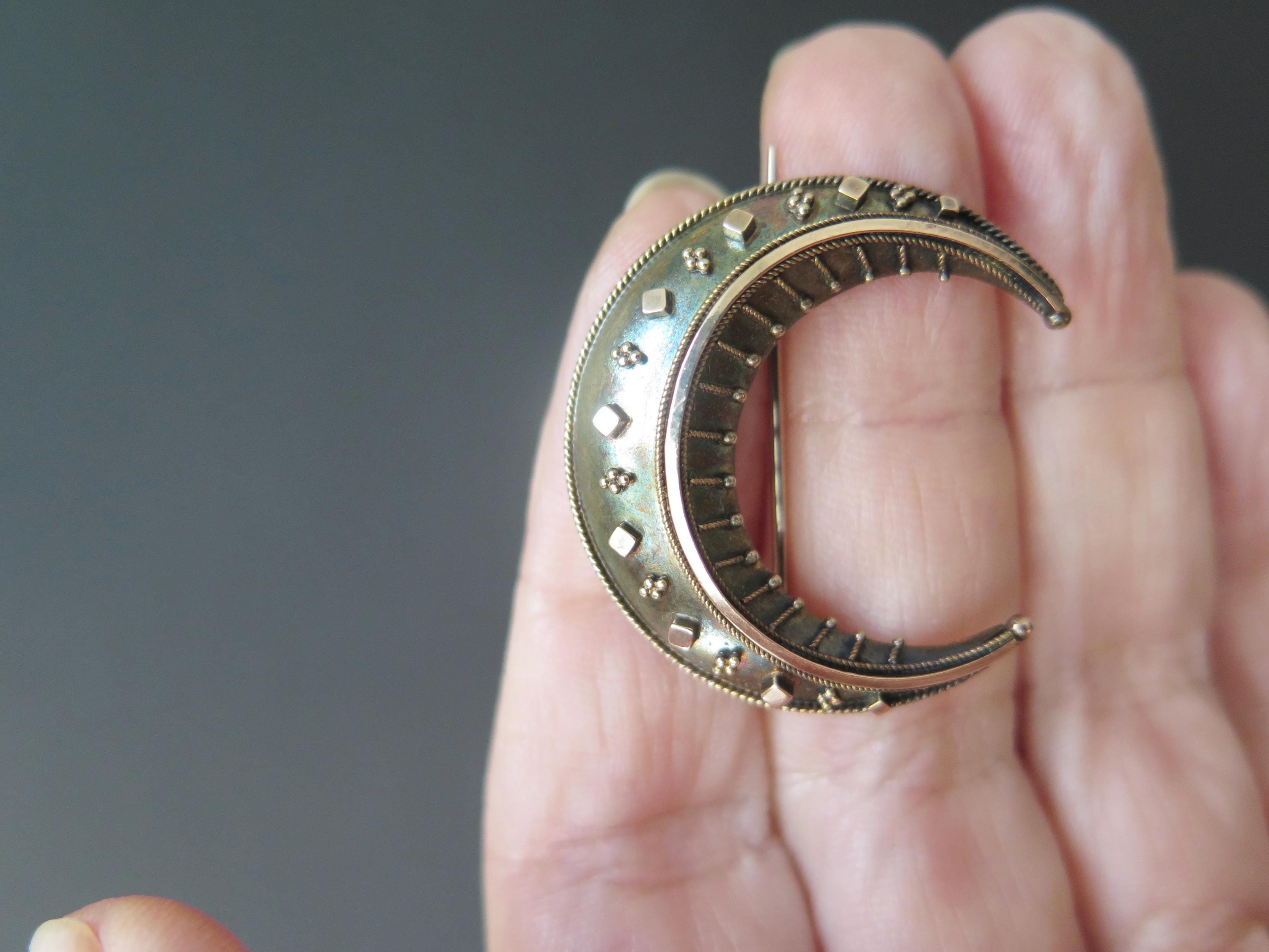 Antique Victorian Crescent Moon Brooch in 14k Gold and Silver