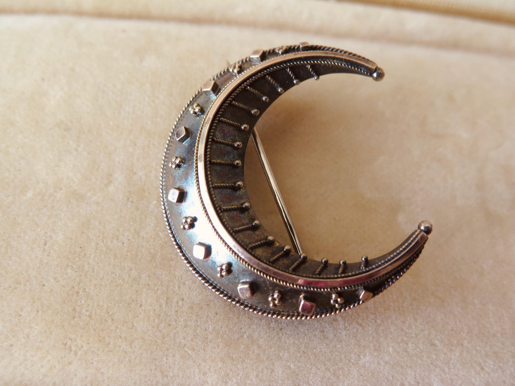Antique Victorian Crescent Moon Brooch in 14k Gold and Silver