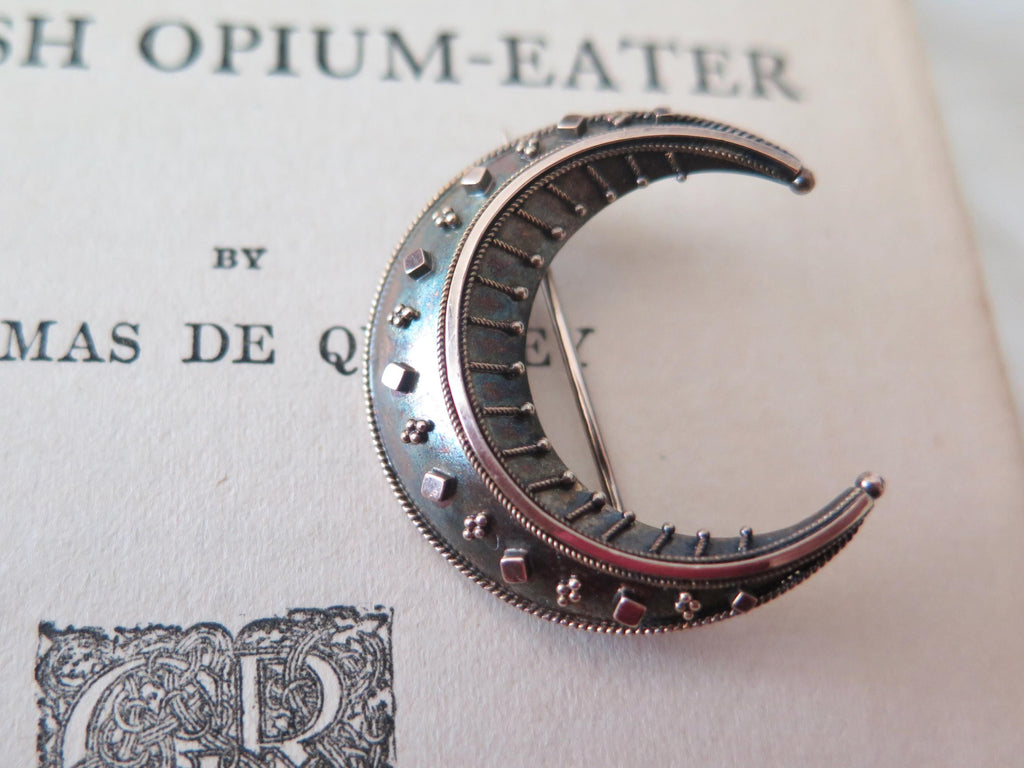 Antique Victorian Crescent Moon Brooch in 14k Gold and Silver