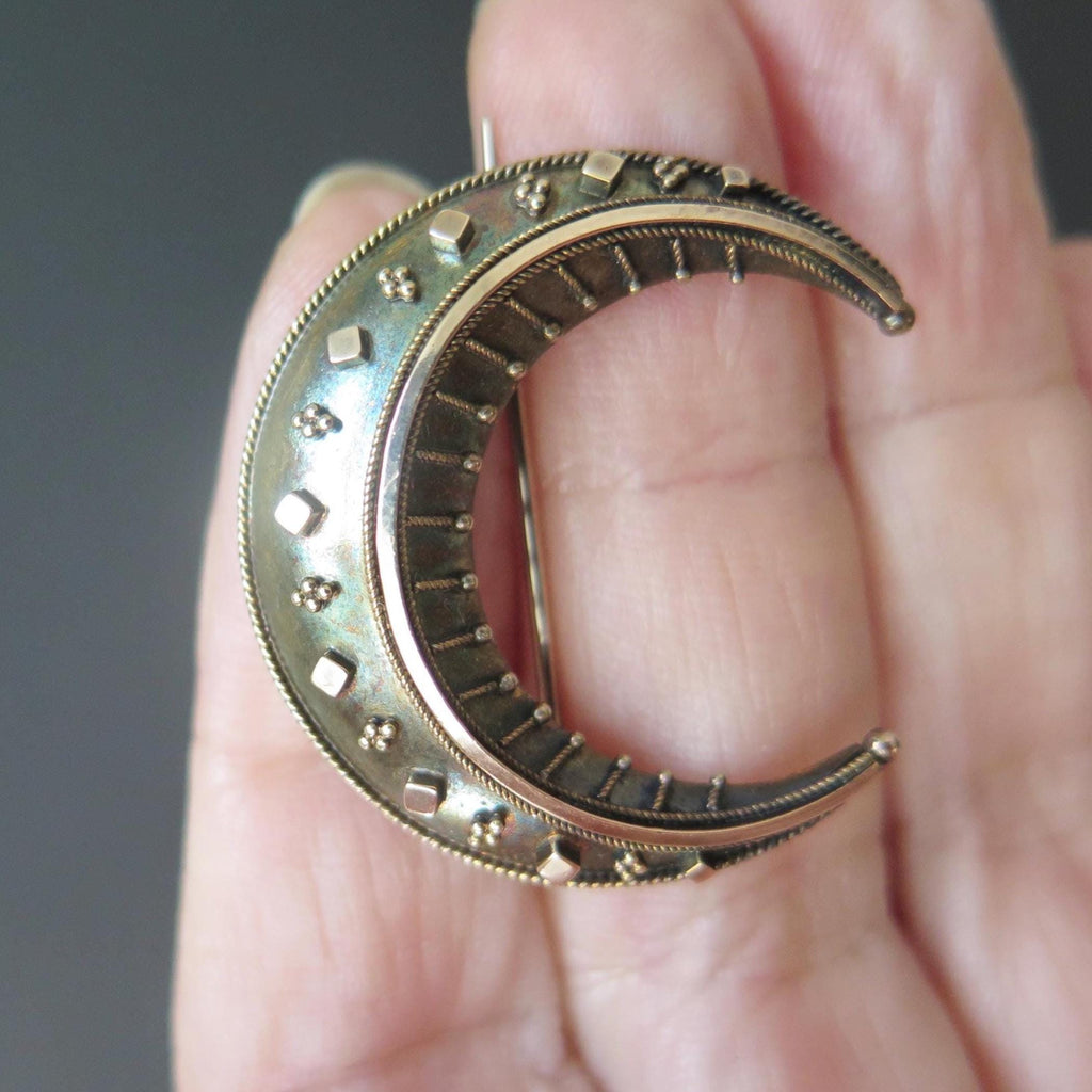 Antique Victorian Crescent Moon Brooch in 14k Gold and Silver