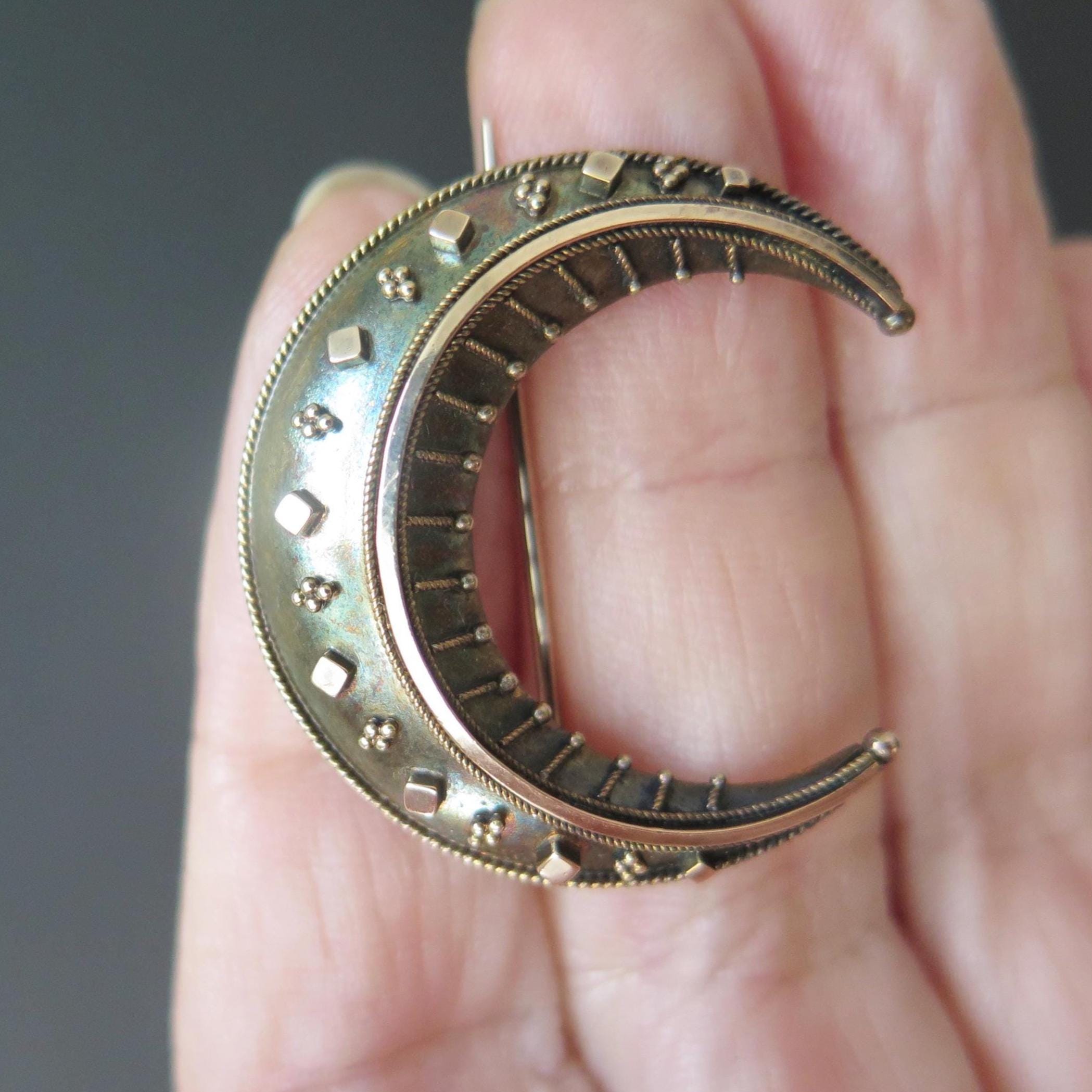 Antique Victorian Crescent Moon Brooch in 14k Gold and Silver