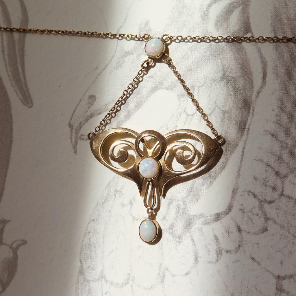 Vintage 9ct Gold Opal Necklace, Art Nouveau Revival 1940s Pendant