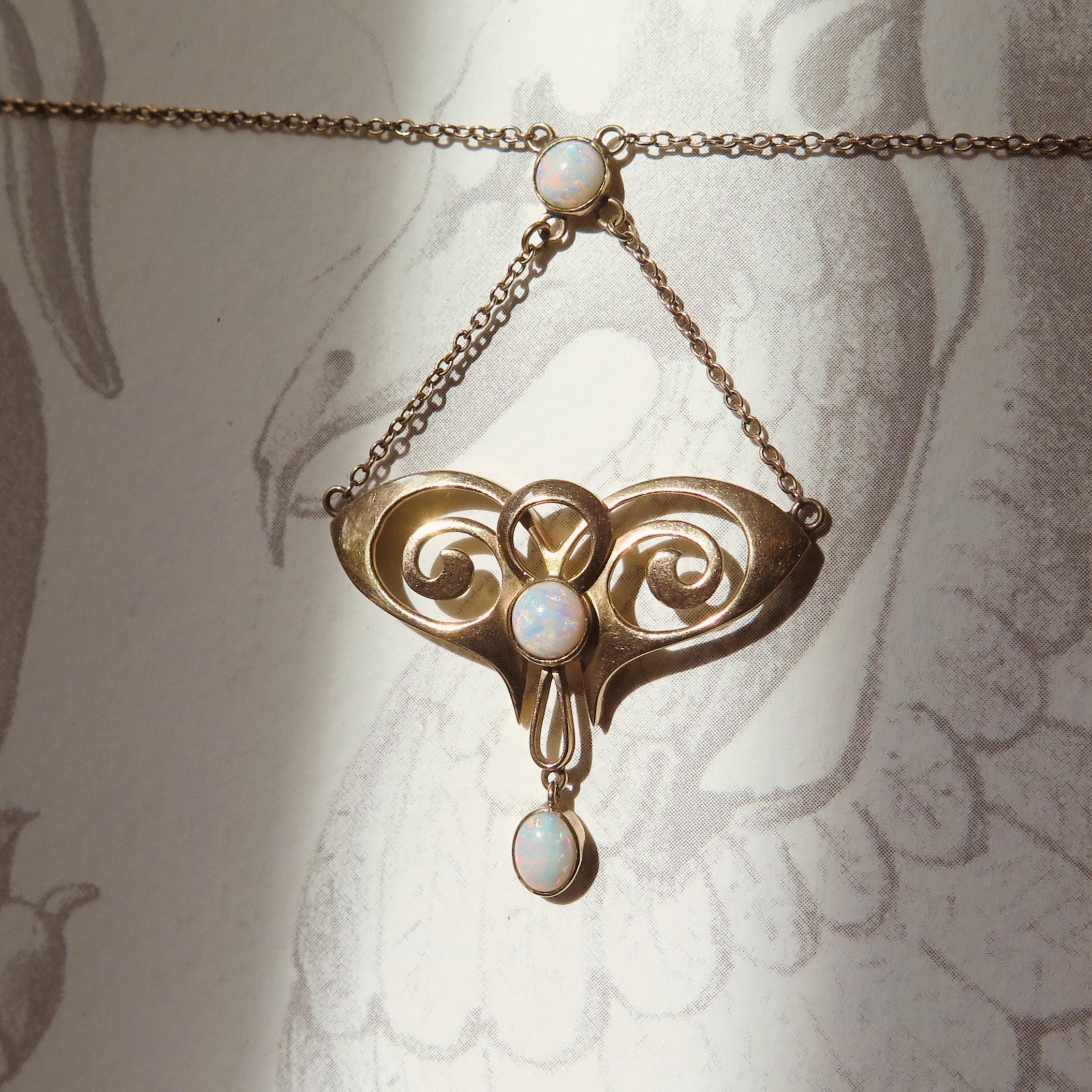 Vintage 9ct Gold Opal Necklace, Art Nouveau Revival 1940s Pendant
