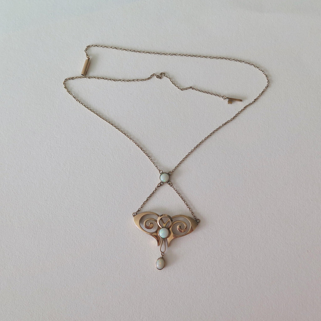 Vintage 9ct Gold Opal Necklace, Art Nouveau Revival 1940s Pendant