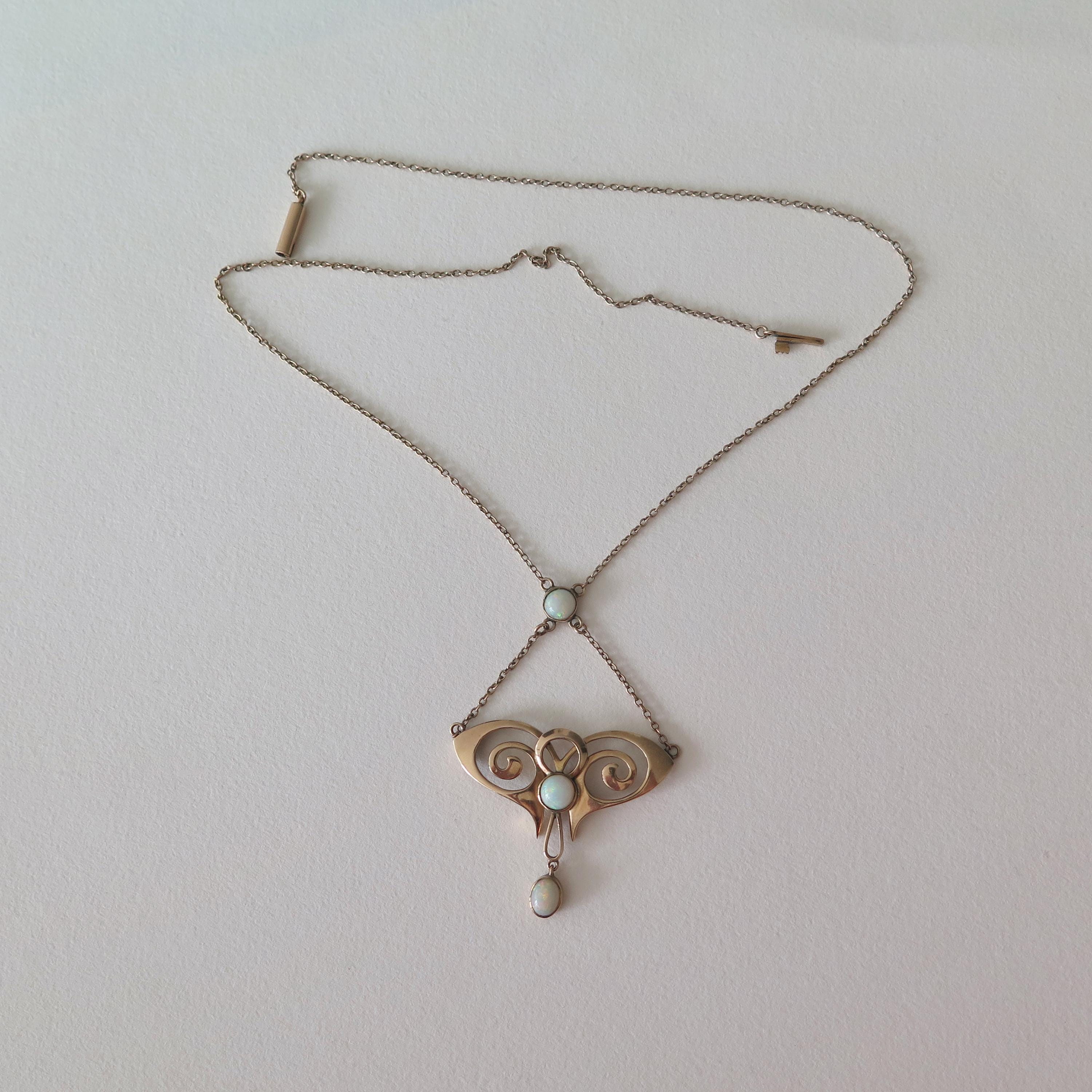 Vintage 9ct Gold Opal Necklace, Art Nouveau Revival 1940s Pendant