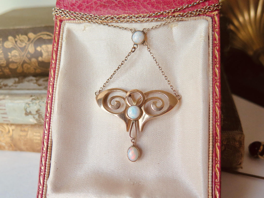 Vintage 9ct Gold Opal Necklace, Art Nouveau Revival 1940s Pendant
