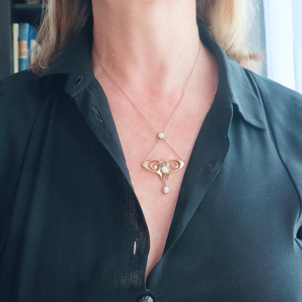 Vintage 9ct Gold Opal Necklace, Art Nouveau Revival 1940s Pendant