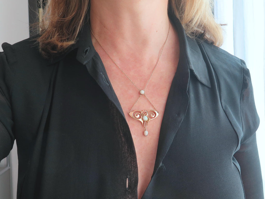 Vintage 9ct Gold Opal Necklace, Art Nouveau Revival 1940s Pendant