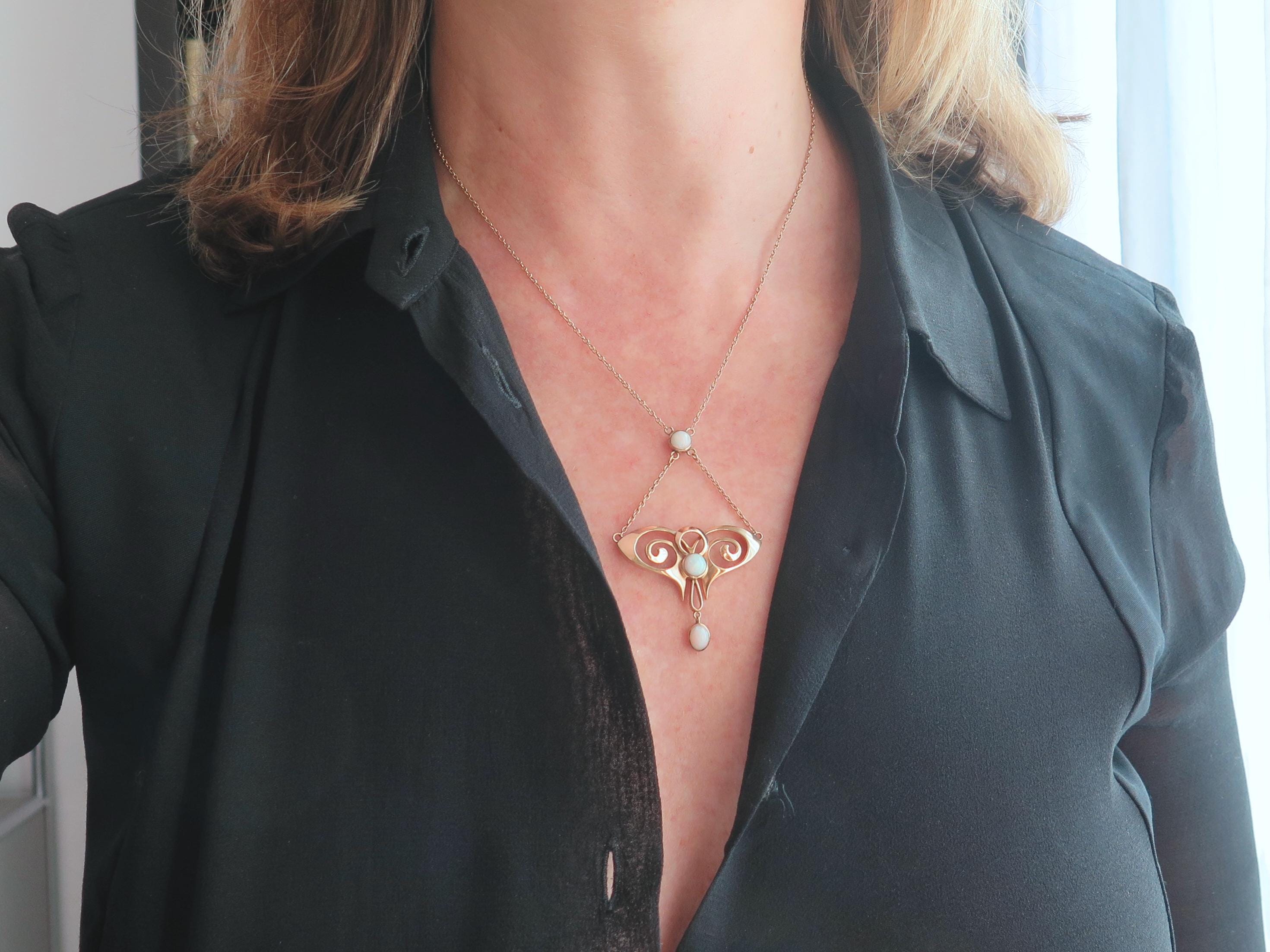 Vintage 9ct Gold Opal Necklace, Art Nouveau Revival 1940s Pendant