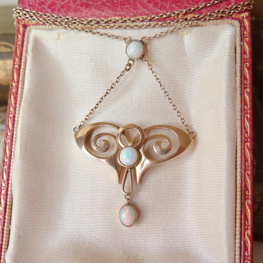 Vintage 9ct Gold Opal Necklace, Art Nouveau Revival 1940s Pendant