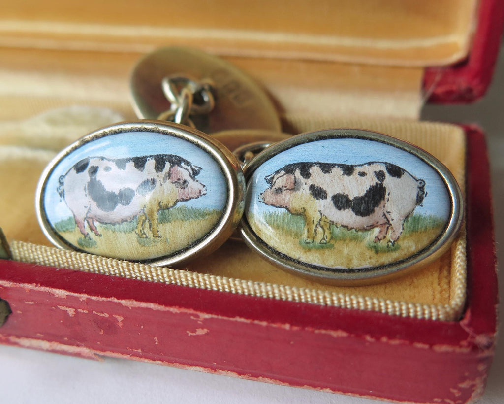 Vintage Silver Cufflinks with Pig Miniatures