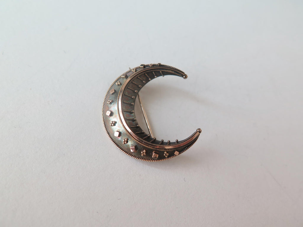 Antique Victorian Crescent Moon Brooch in 14k Gold and Silver