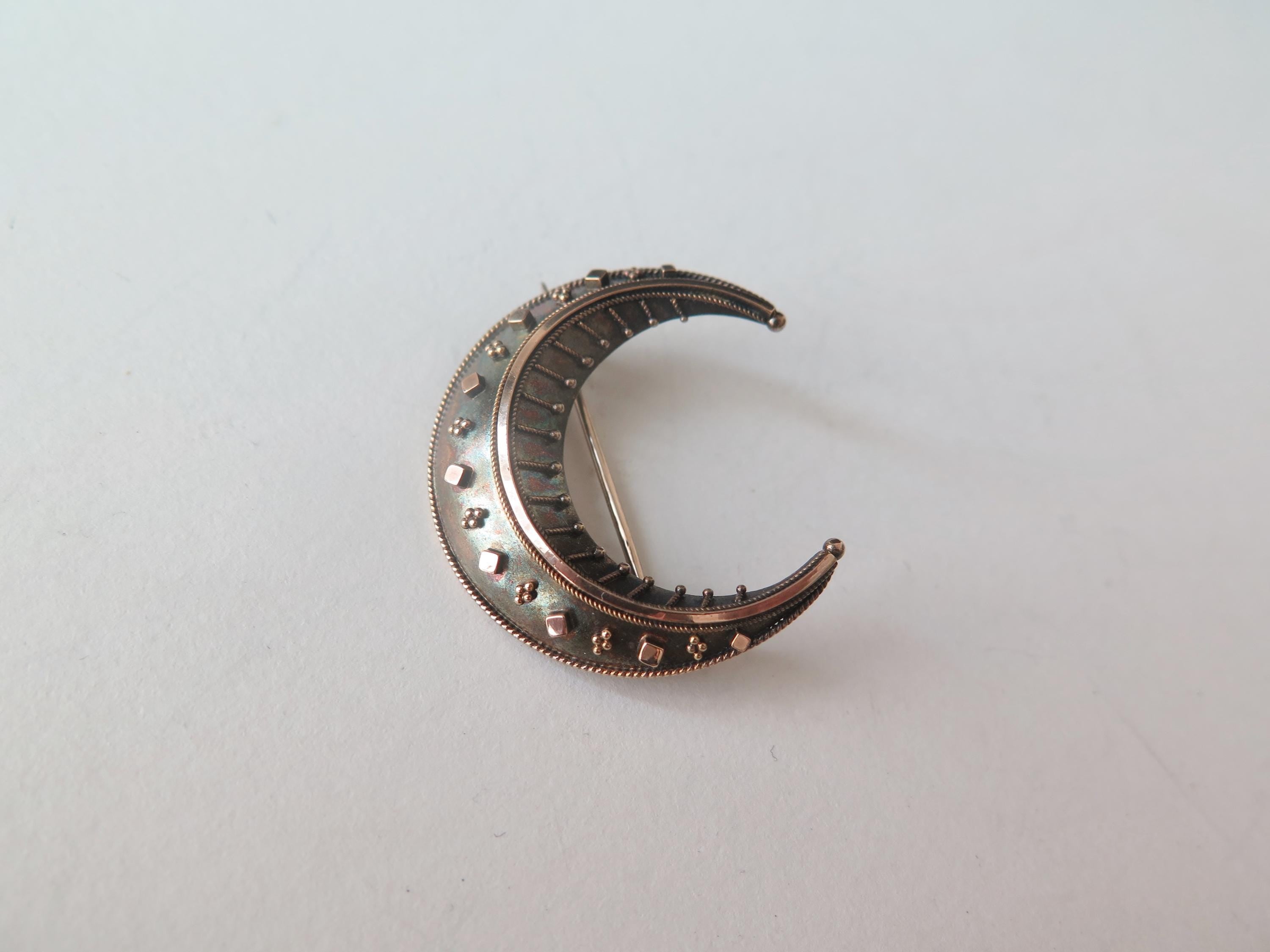 Antique Victorian Crescent Moon Brooch in 14k Gold and Silver