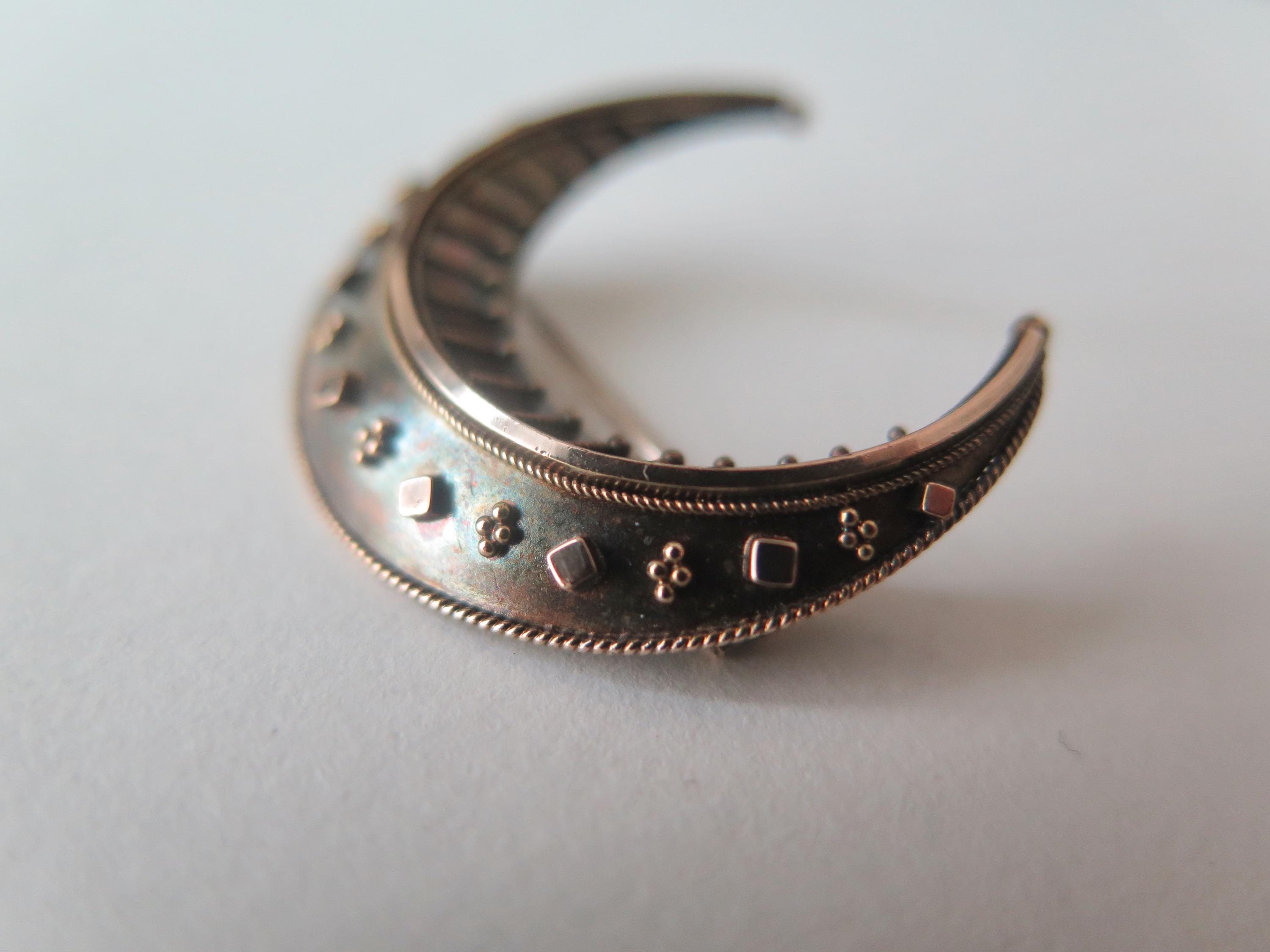 Antique Victorian Crescent Moon Brooch in 14k Gold and Silver
