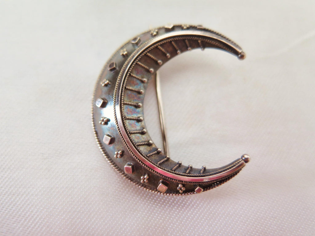 Antique Victorian Crescent Moon Brooch in 14k Gold and Silver