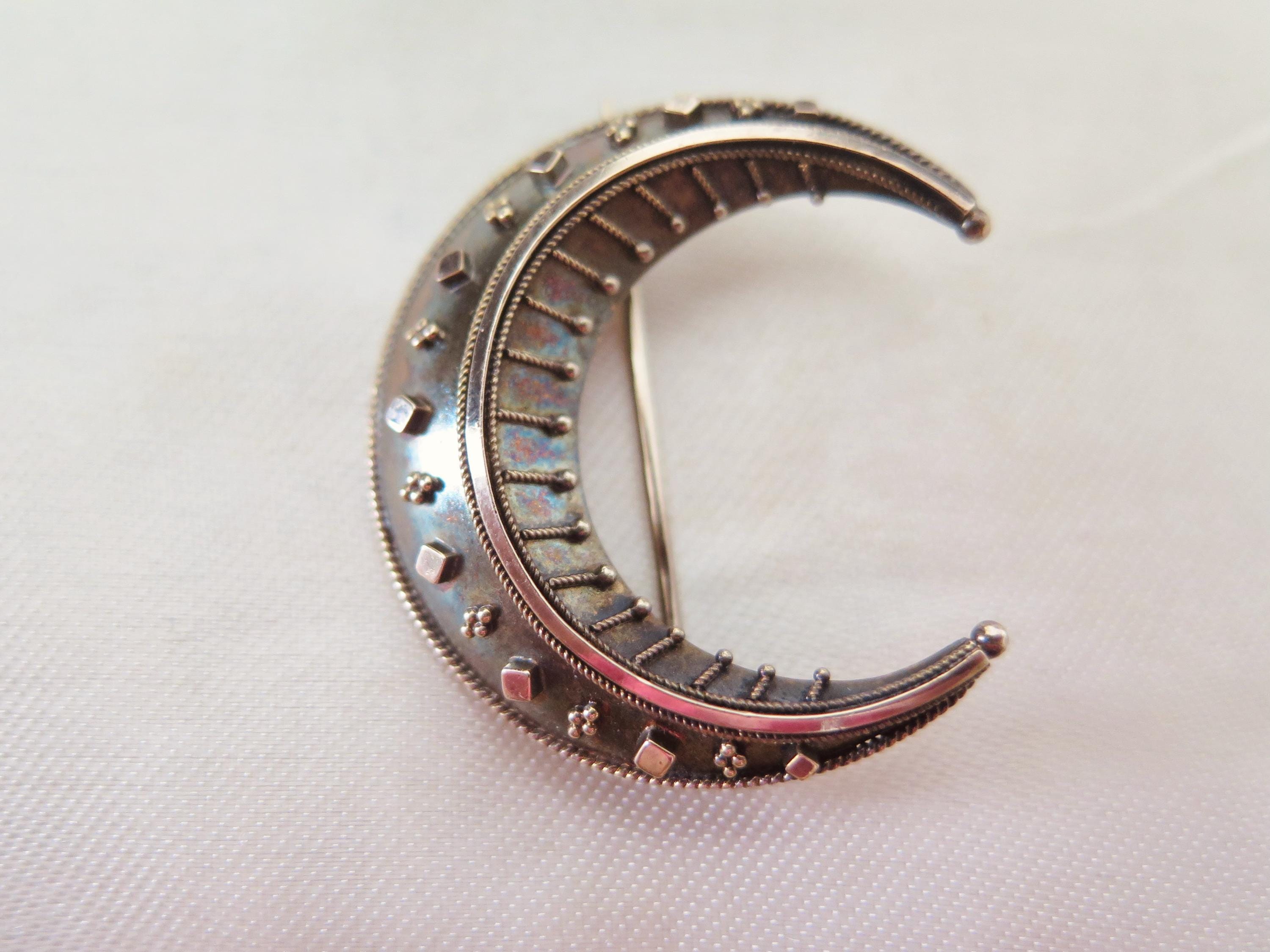 Antique Victorian Crescent Moon Brooch in 14k Gold and Silver