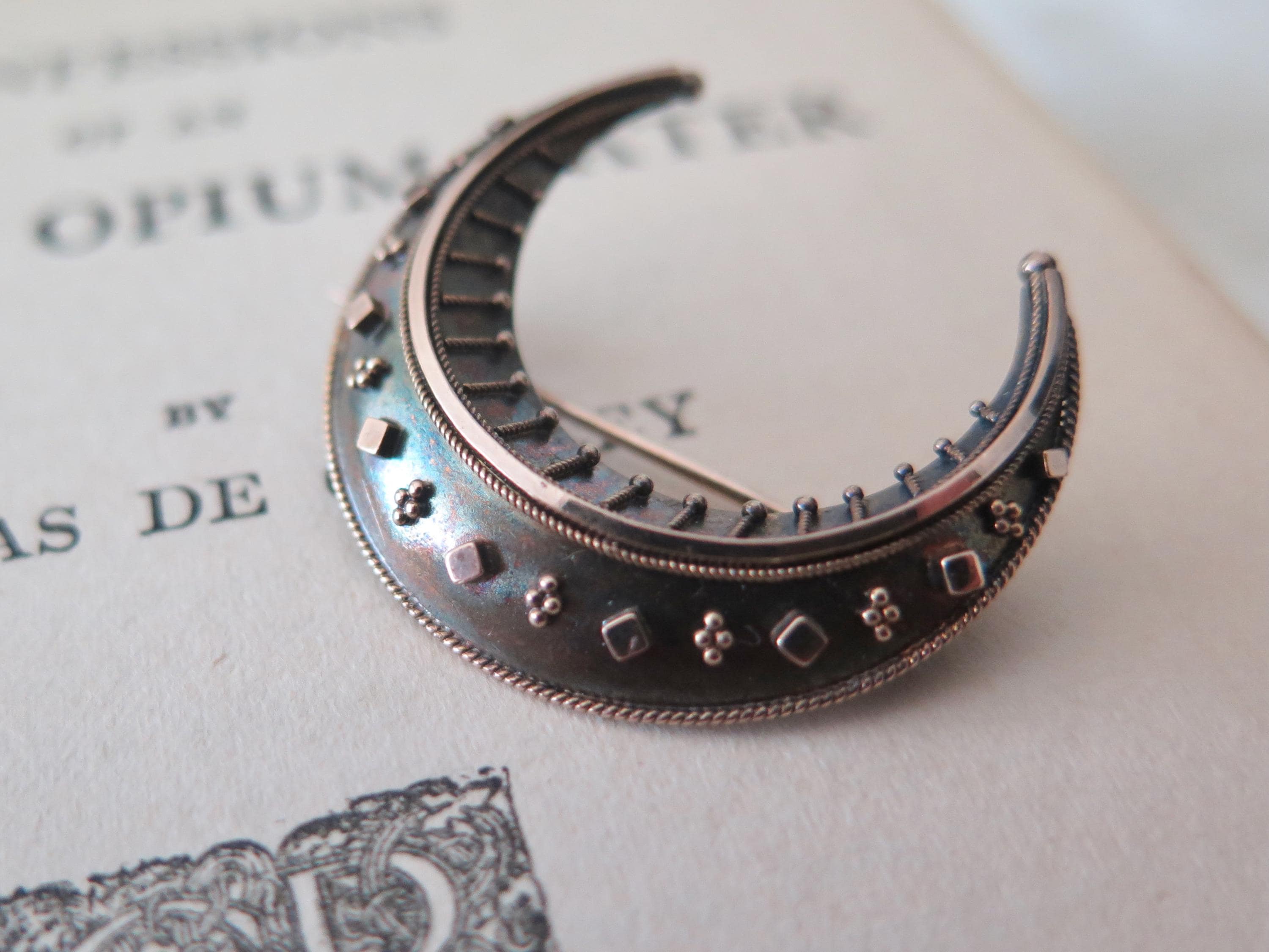 Antique Victorian Crescent Moon Brooch in 14k Gold and Silver
