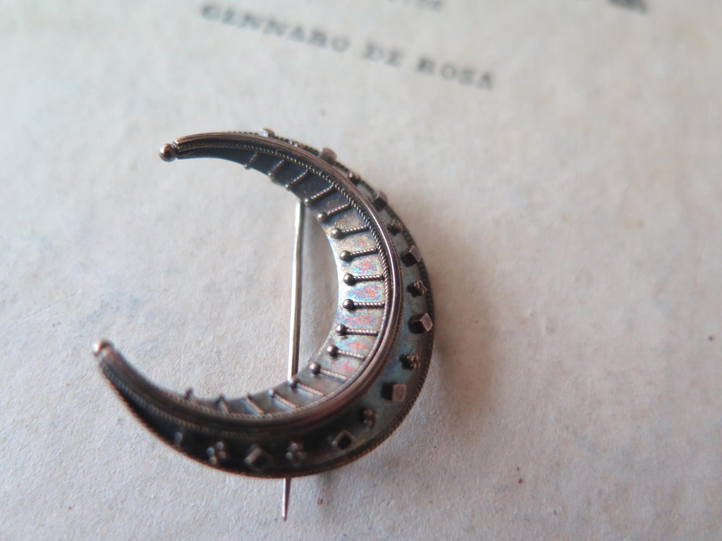 Antique Victorian Crescent Moon Brooch in 14k Gold and Silver