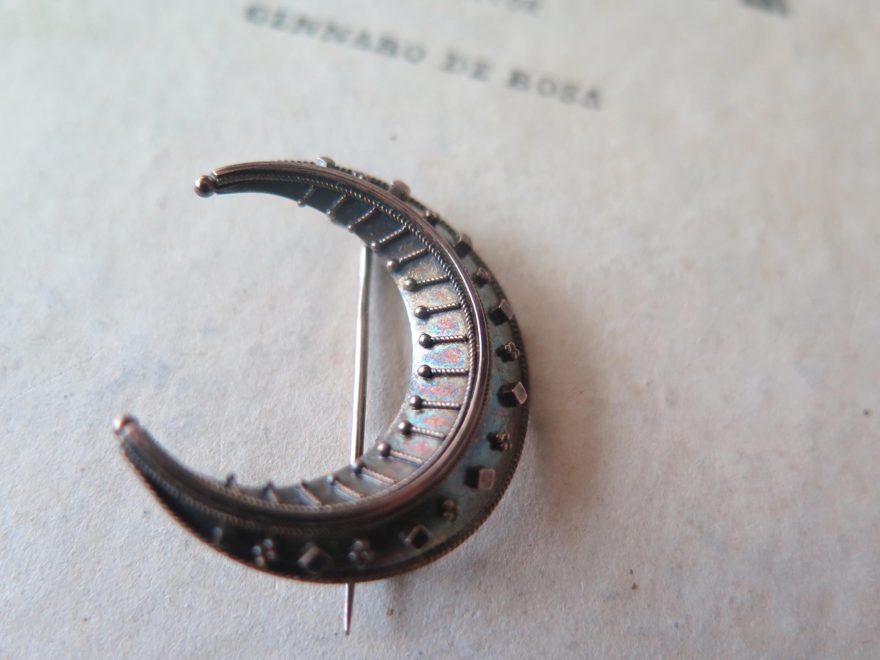 Antique Victorian Crescent Moon Brooch in 14k Gold and Silver
