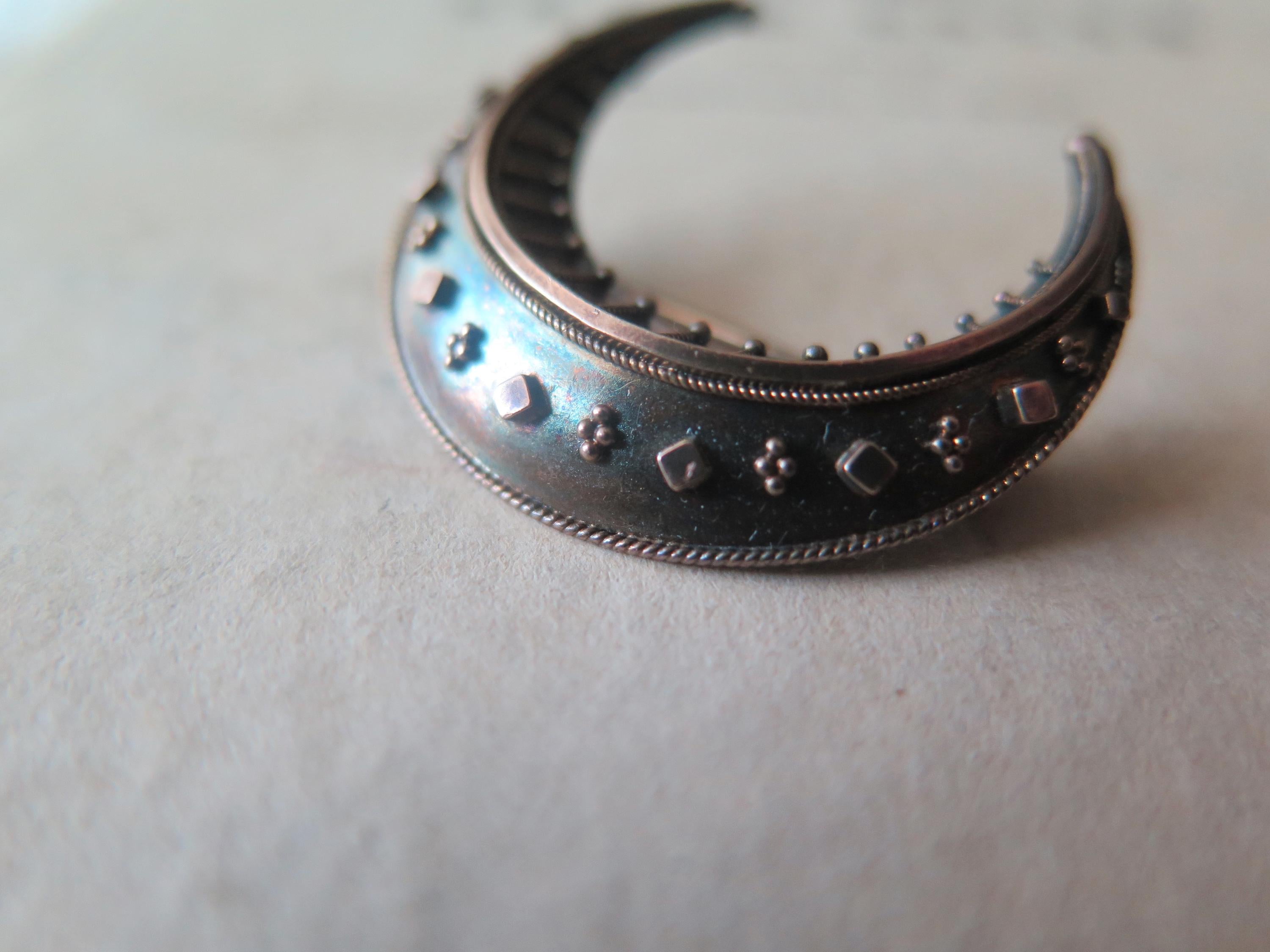 Antique Victorian Crescent Moon Brooch in 14k Gold and Silver