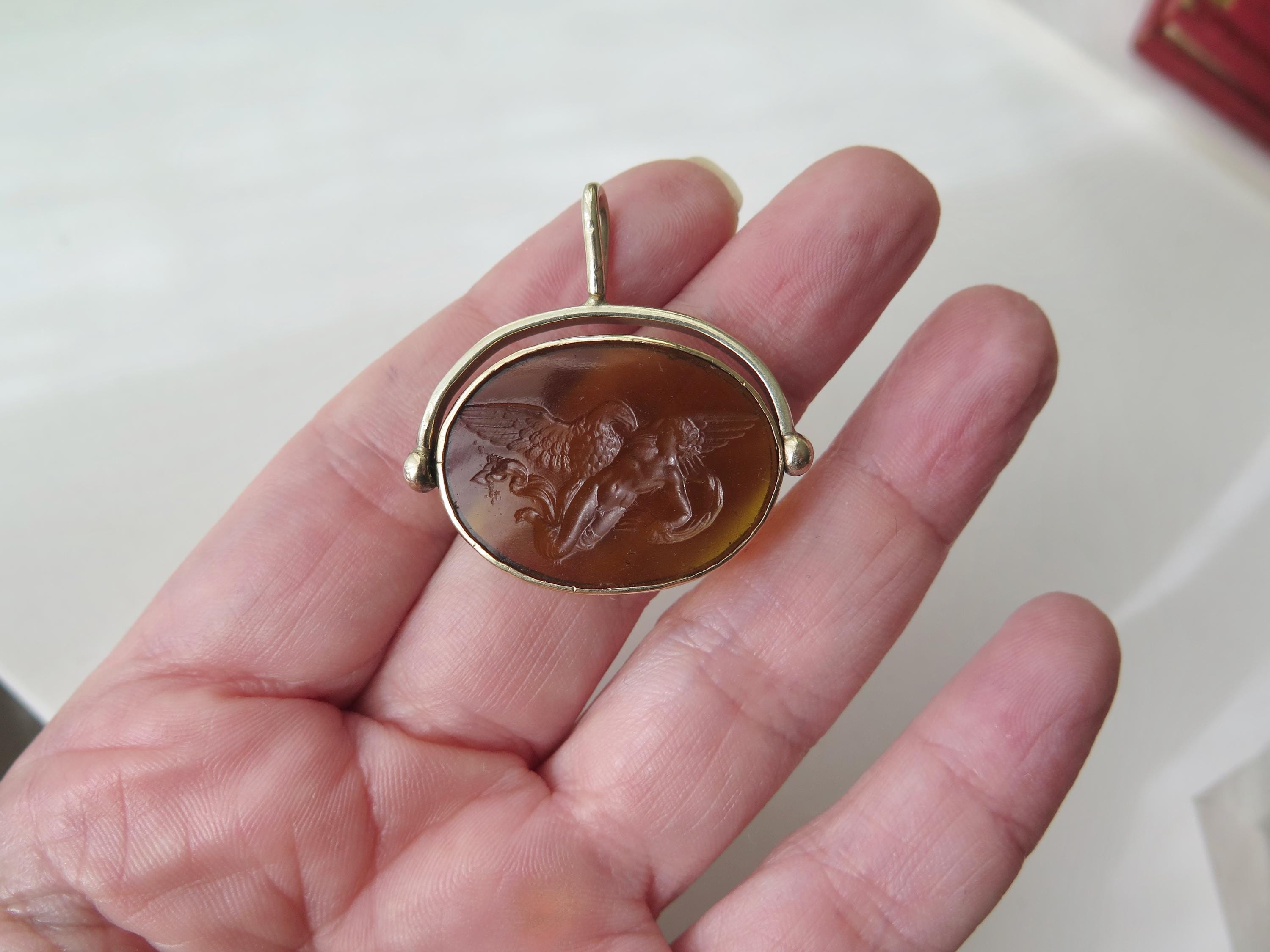 Victorian 14k Gold Rotating Fob with Mythological Intaglio, Jupiter and Ganymede