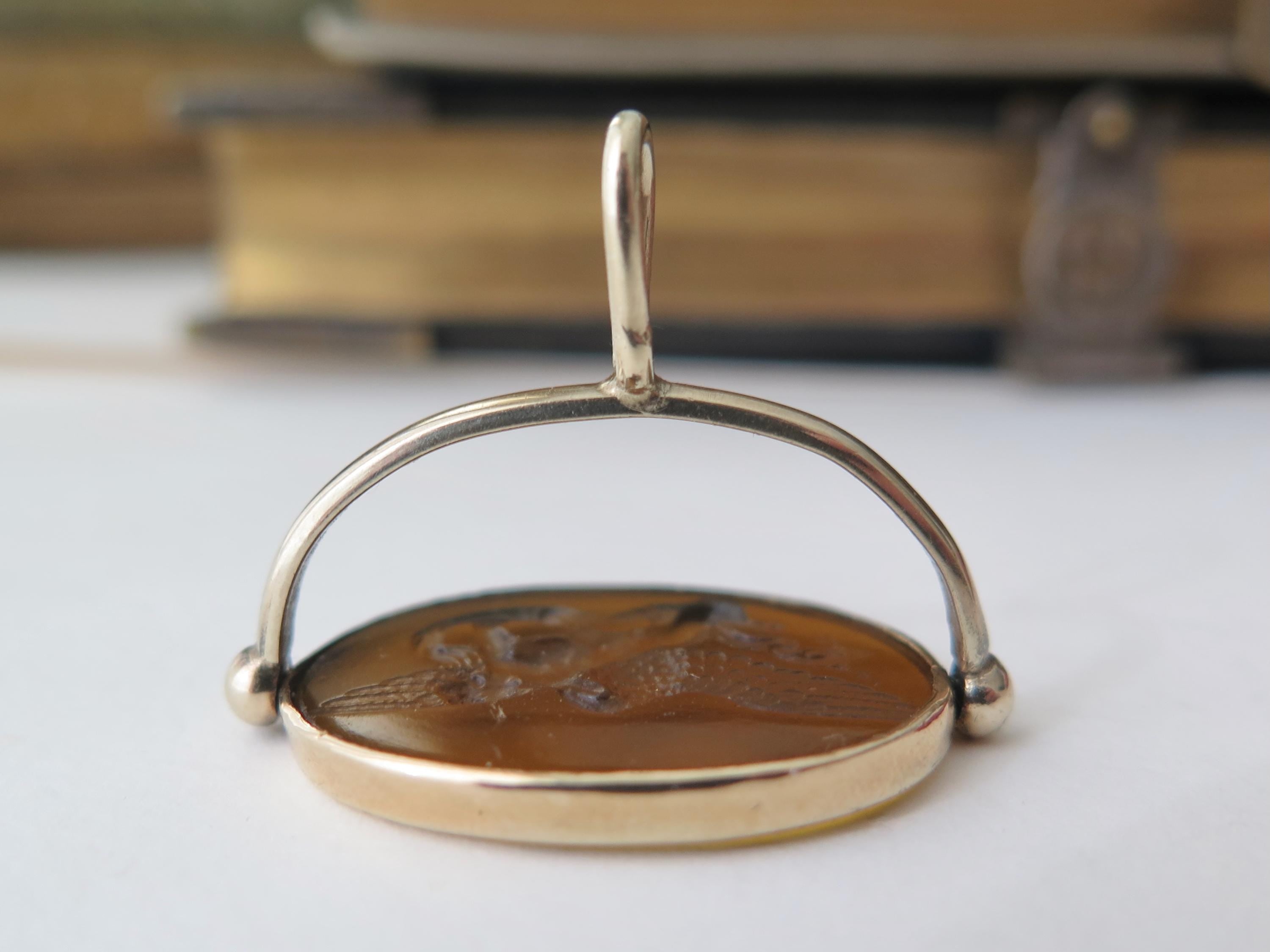 Victorian 14k Gold Rotating Fob with Mythological Intaglio, Jupiter and Ganymede