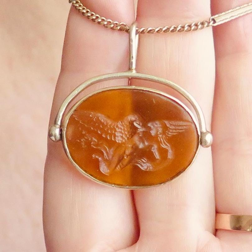 Victorian 14k Gold Rotating Fob with Mythological Intaglio, Jupiter and Ganymede