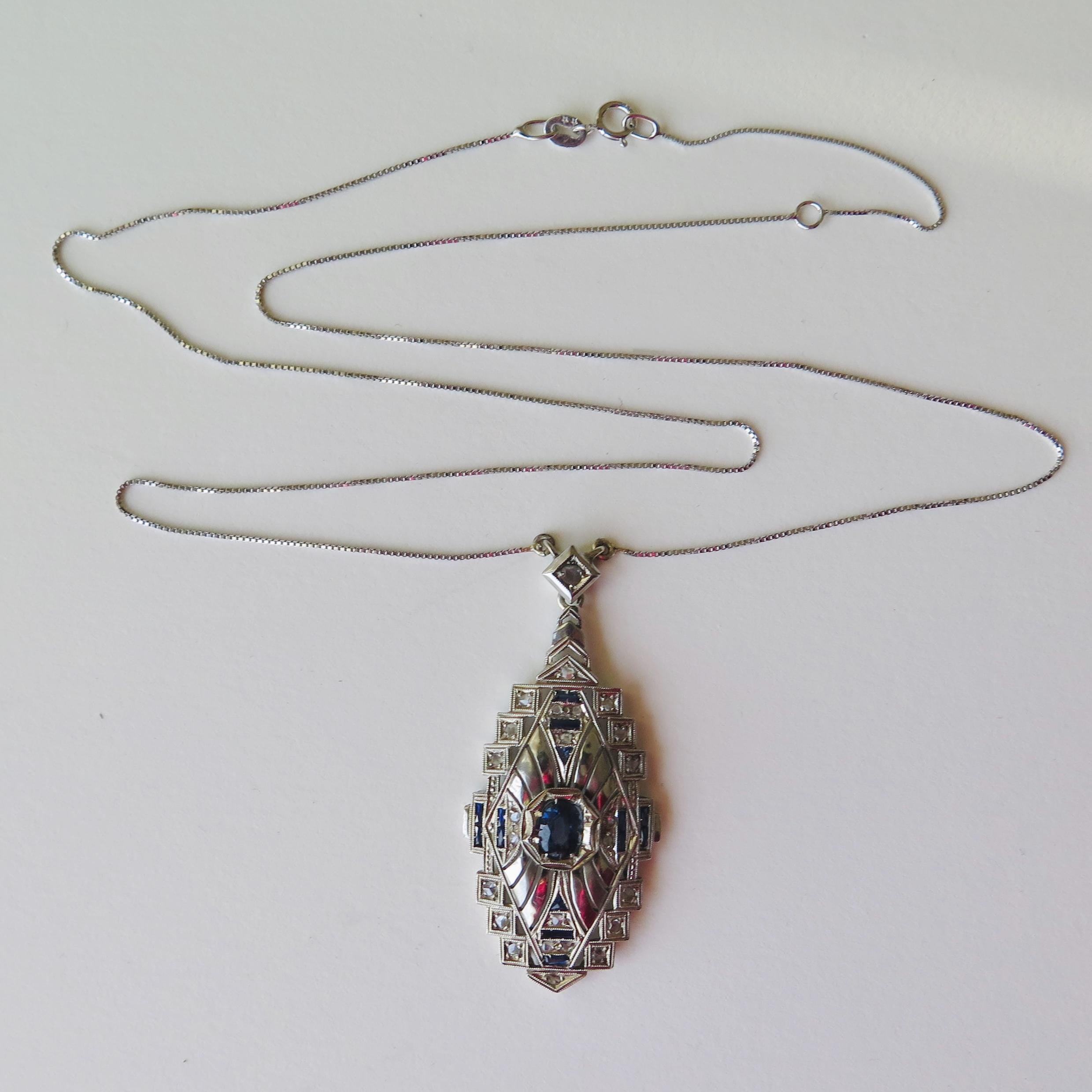 Antique Art Deco Necklace, 18k White Gold, Natural Diamonds and Sapphires