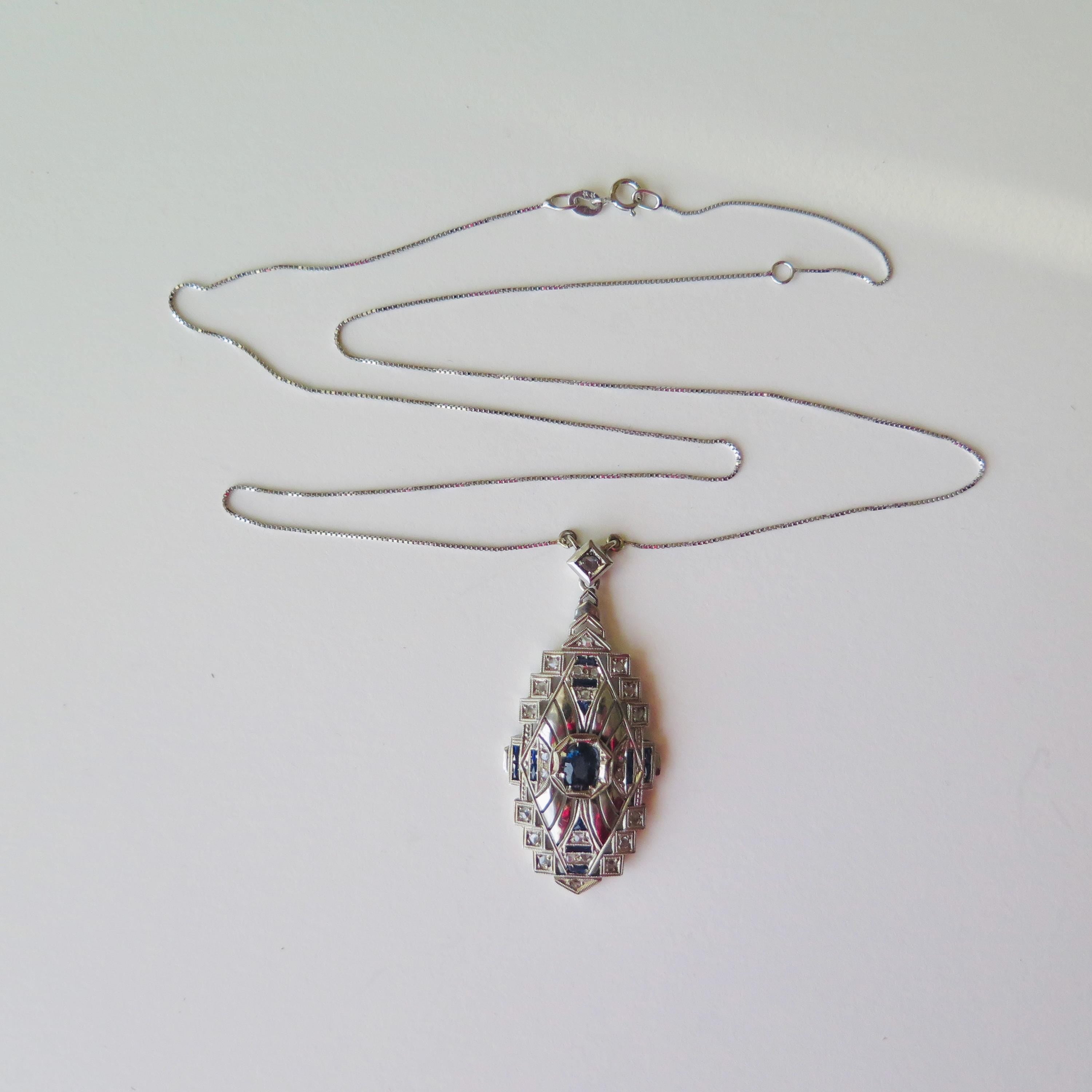 Antique Art Deco Necklace, 18k White Gold, Natural Diamonds and Sapphires