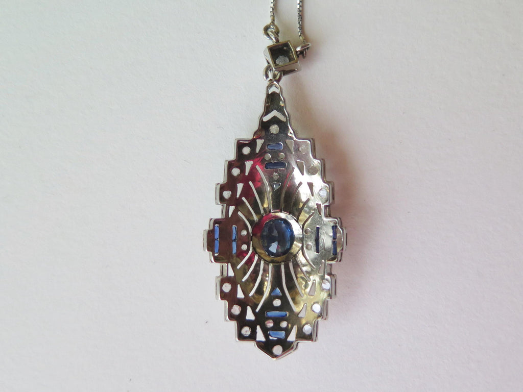 Antique Art Deco Necklace, 18k White Gold, Natural Diamonds and Sapphires