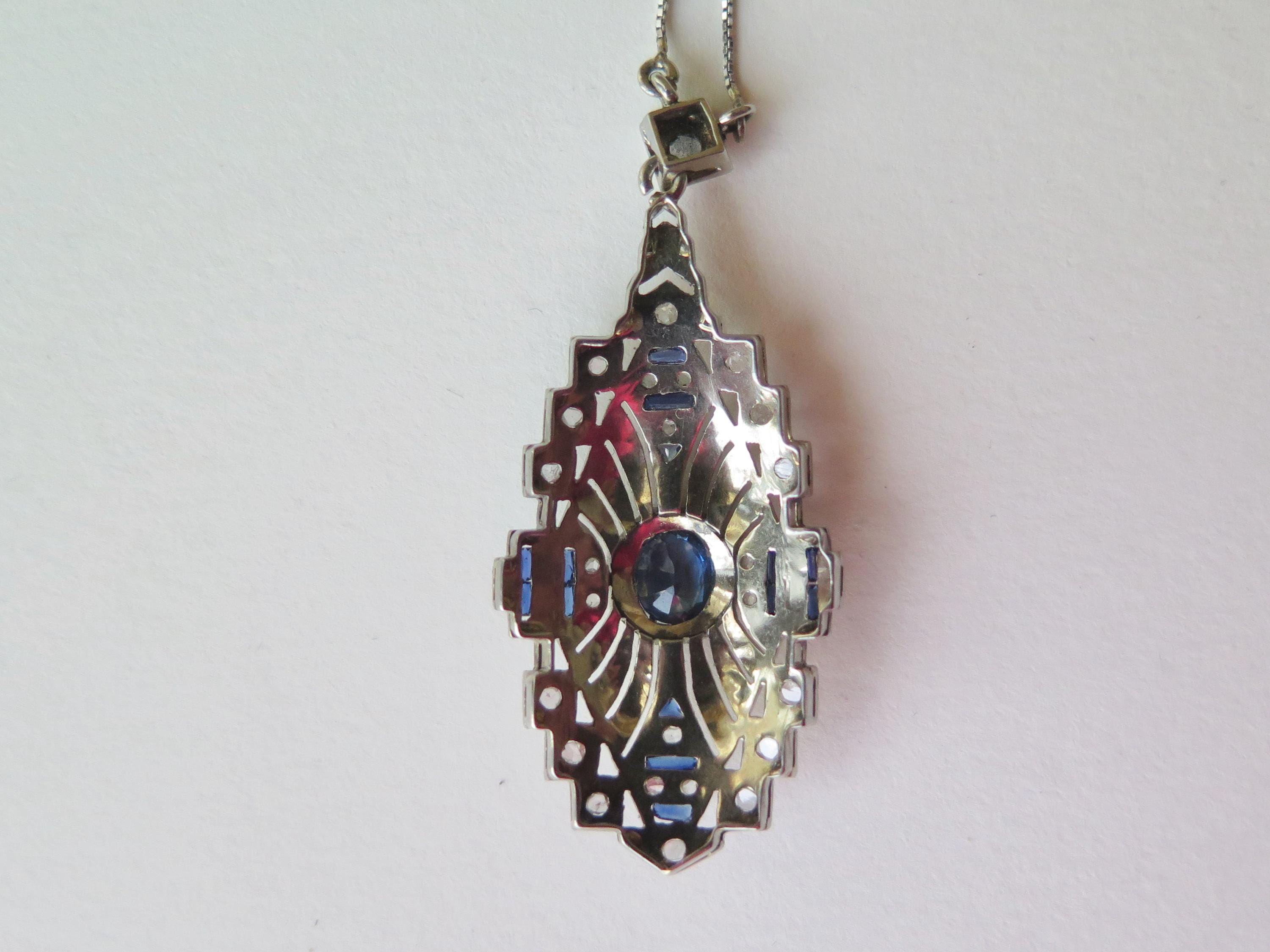 Antique Art Deco Necklace, 18k White Gold, Natural Diamonds and Sapphires