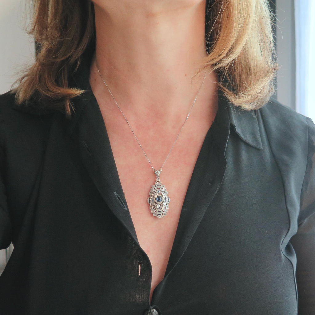 Antique Art Deco Necklace, 18k White Gold, Natural Diamonds and Sapphires