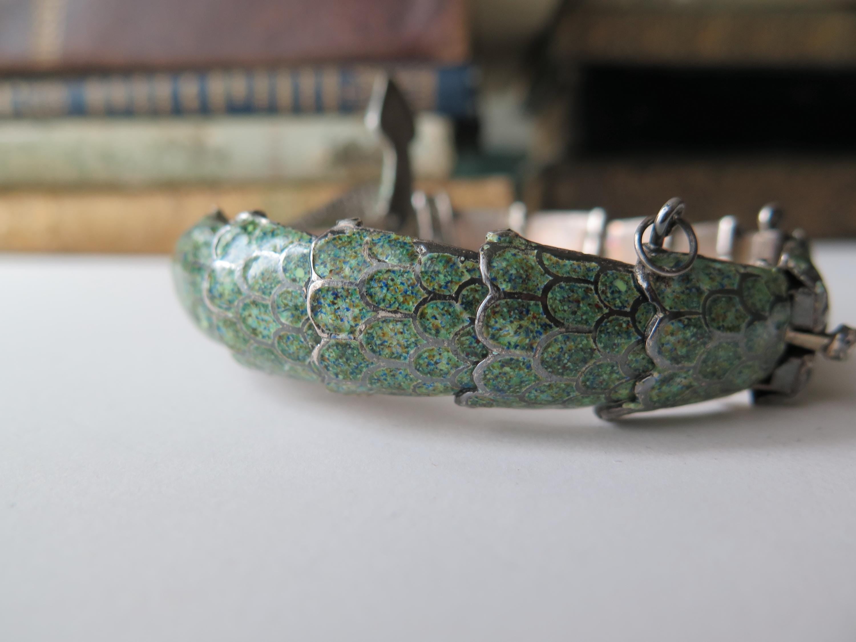 Attributed to Margot de Taxco, Vintage Taxco Snake Bracelet in 835 Silver and Enamel