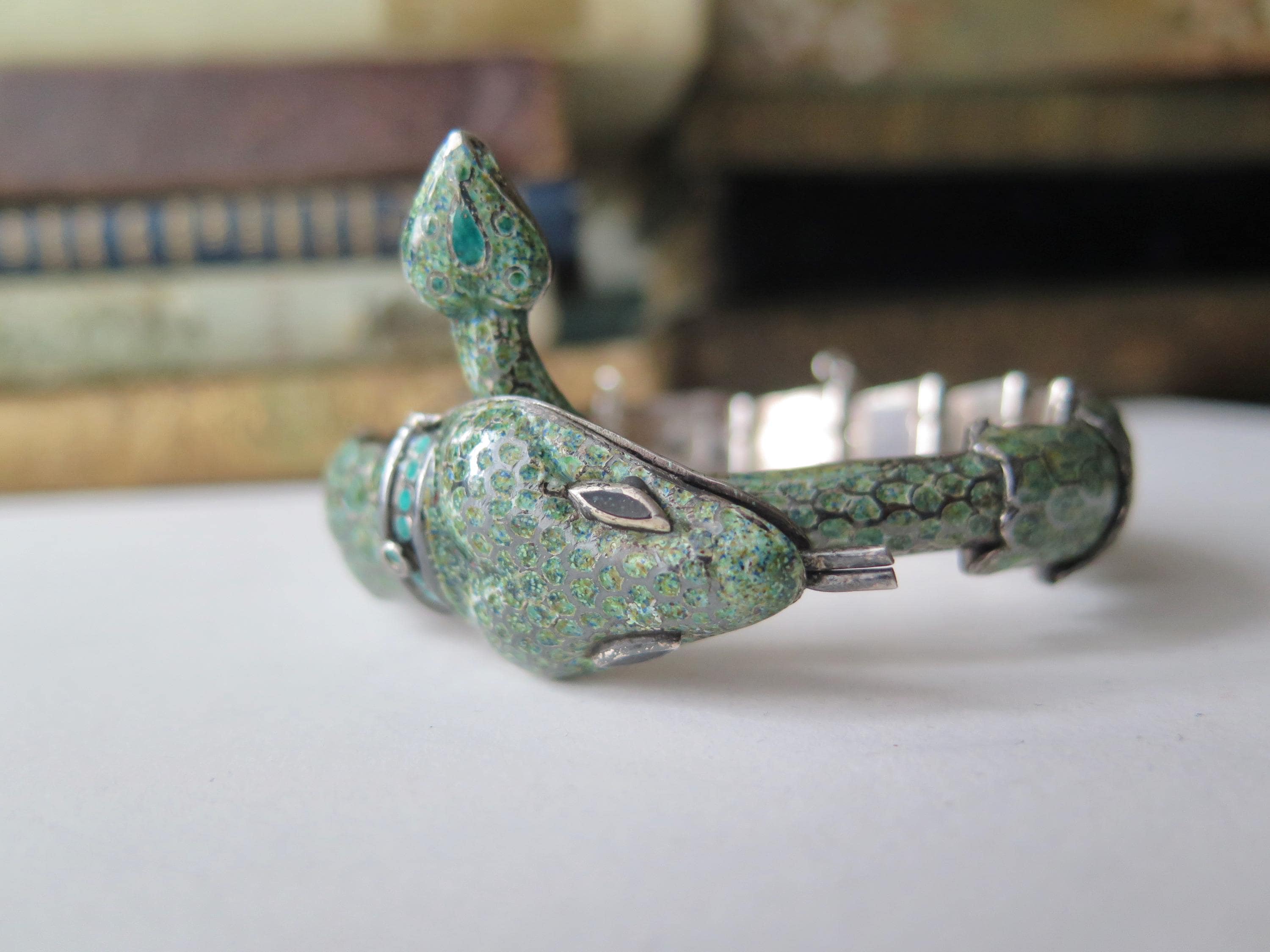 Attributed to Margot de Taxco, Vintage Taxco Snake Bracelet in 835 Silver and Enamel