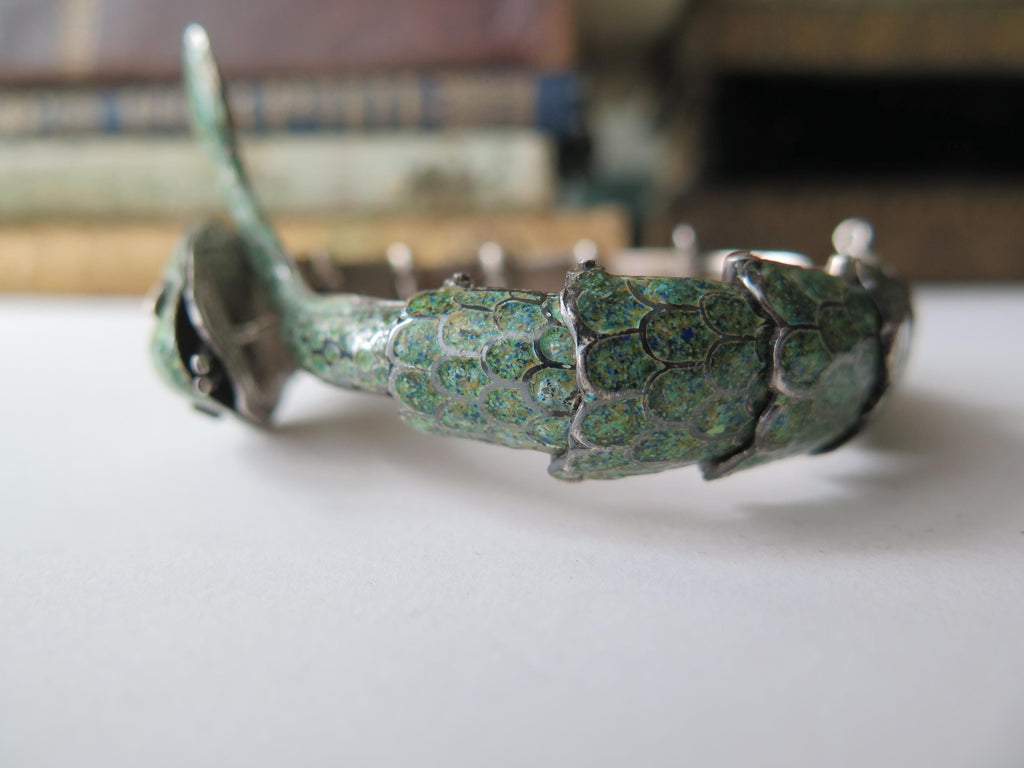 Attributed to Margot de Taxco, Vintage Taxco Snake Bracelet in 835 Silver and Enamel