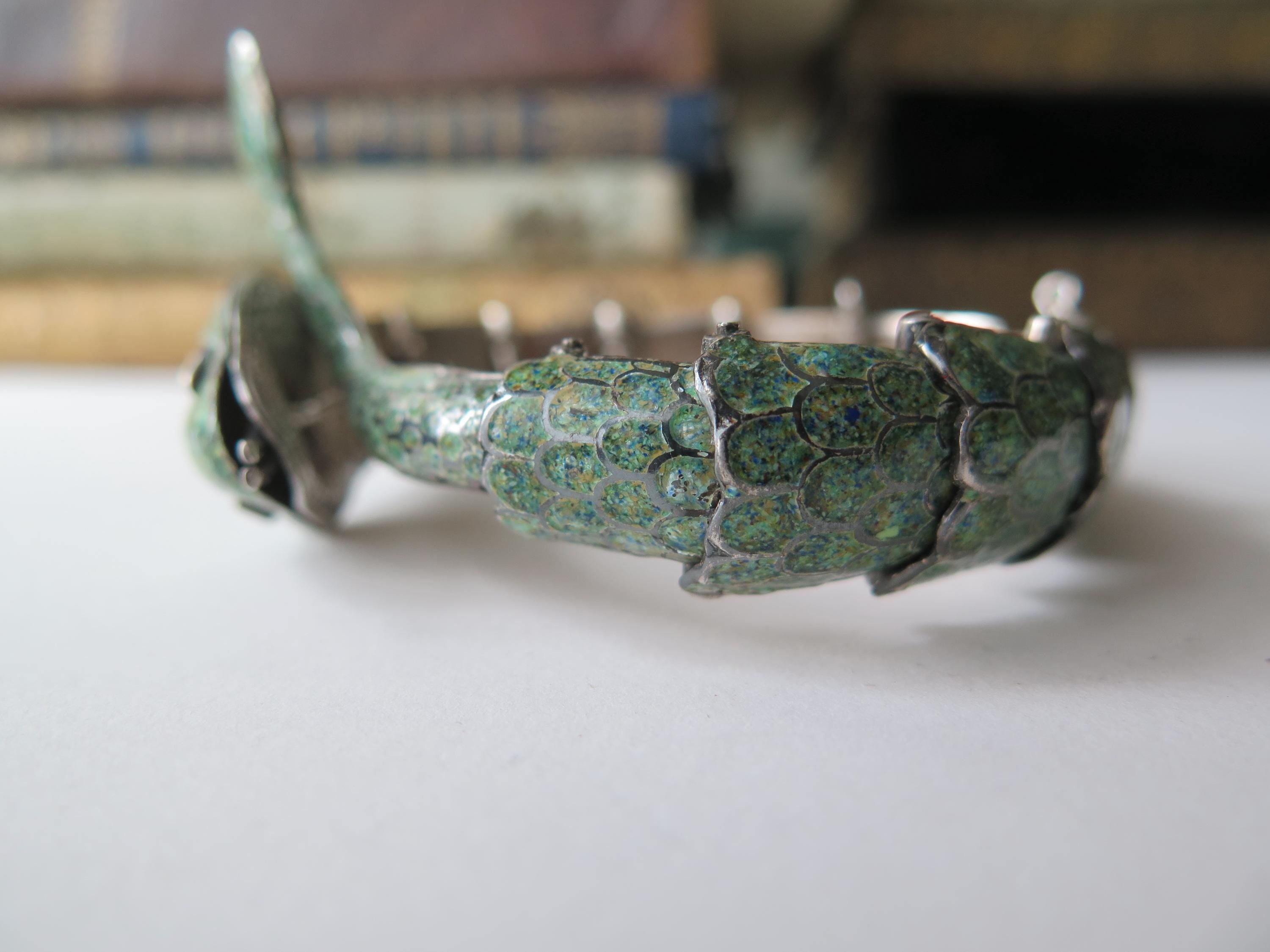 Attributed to Margot de Taxco, Vintage Taxco Snake Bracelet in 835 Silver and Enamel