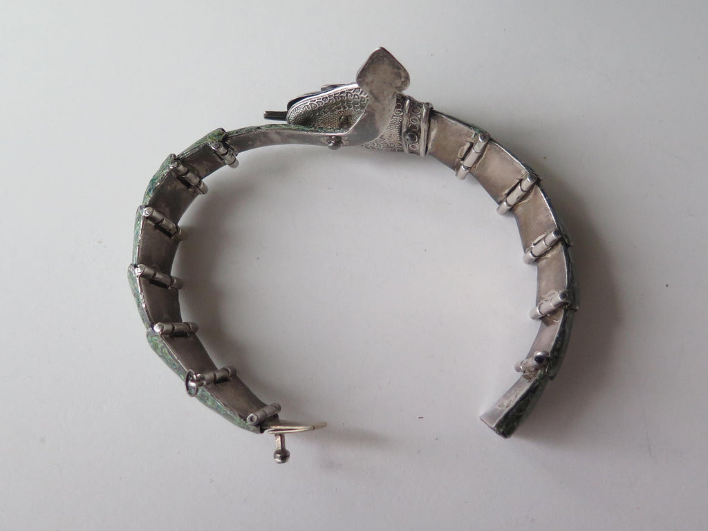 Attributed to Margot de Taxco, Vintage Taxco Snake Bracelet in 835 Silver and Enamel