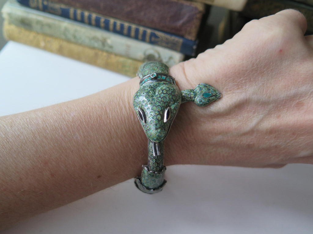 Attributed to Margot de Taxco, Vintage Taxco Snake Bracelet in 835 Silver and Enamel