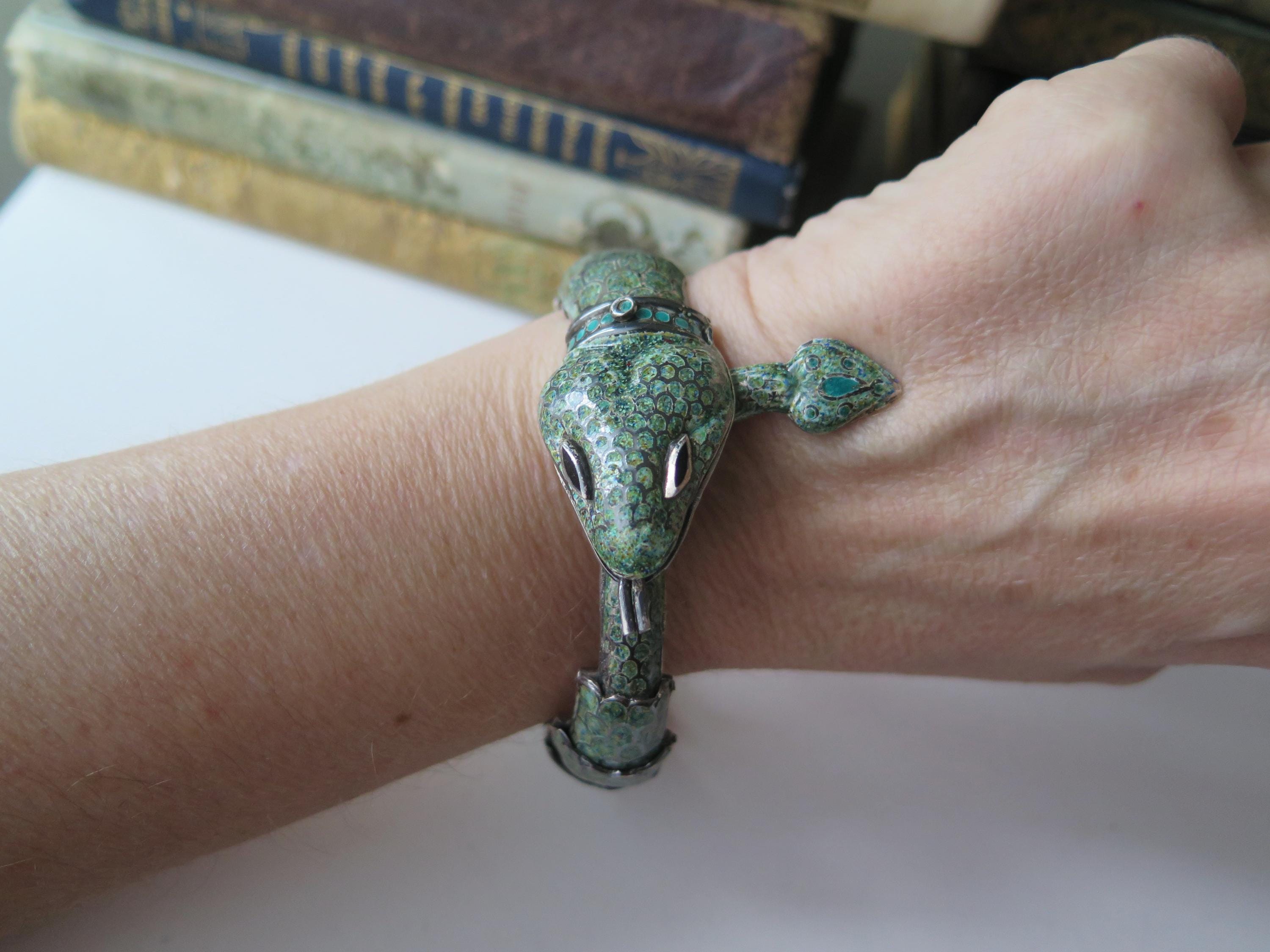 Attributed to Margot de Taxco, Vintage Taxco Snake Bracelet in 835 Silver and Enamel