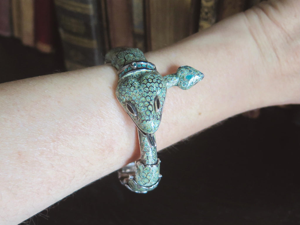 Attributed to Margot de Taxco, Vintage Taxco Snake Bracelet in 835 Silver and Enamel