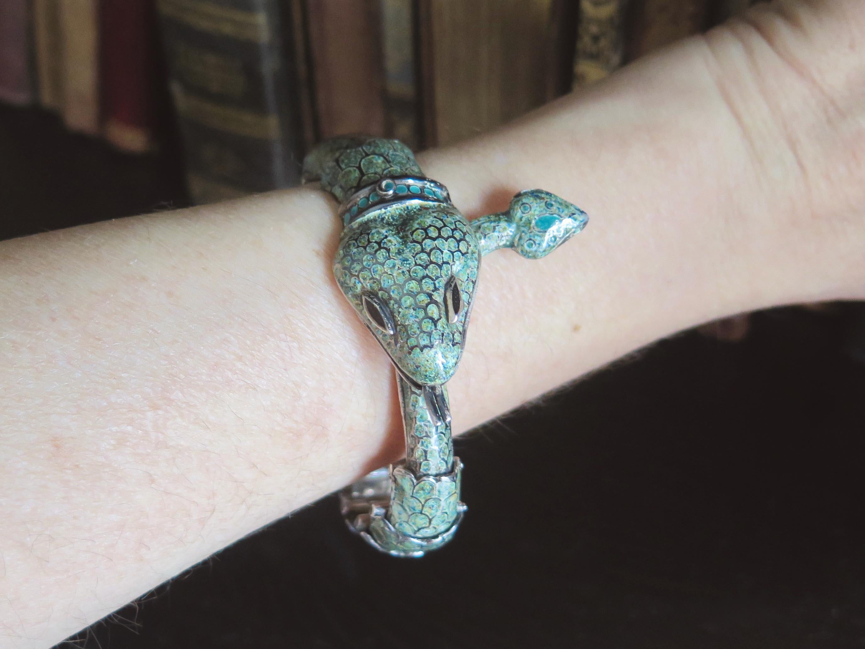 Attributed to Margot de Taxco, Vintage Taxco Snake Bracelet in 835 Silver and Enamel