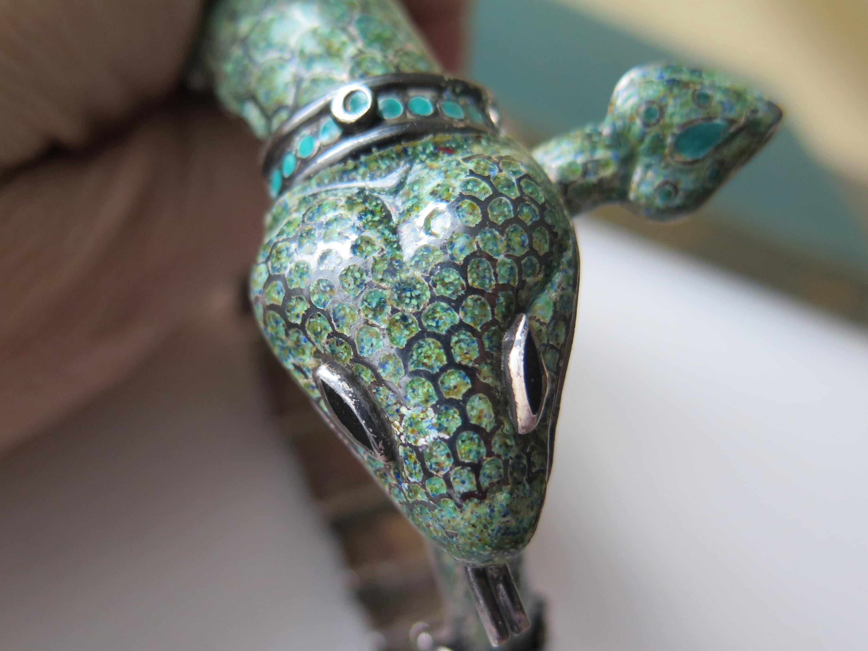 Attributed to Margot de Taxco, Vintage Taxco Snake Bracelet in 835 Silver and Enamel