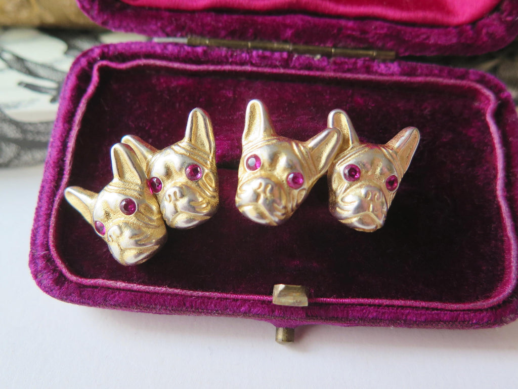 Antique French Bulldog Cufflinks Vermeil and Red Stones Eyes