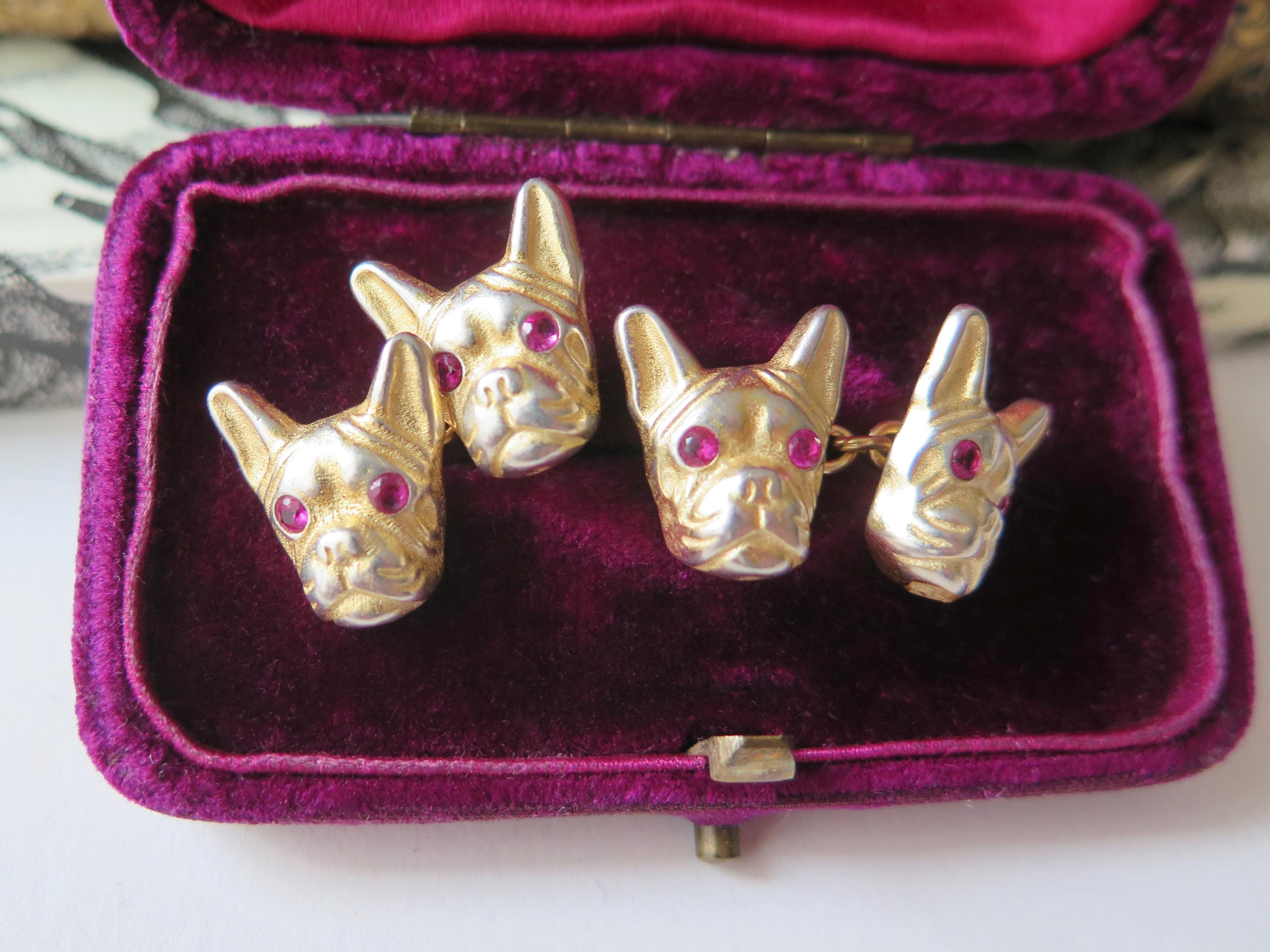 Antique French Bulldog Cufflinks Vermeil and Red Stones Eyes