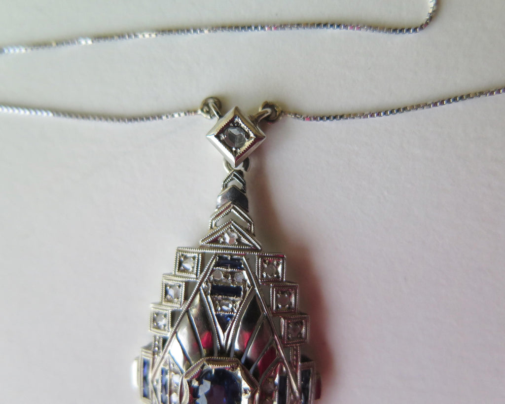 Antique Art Deco Necklace, 18k White Gold, Natural Diamonds and Sapphires