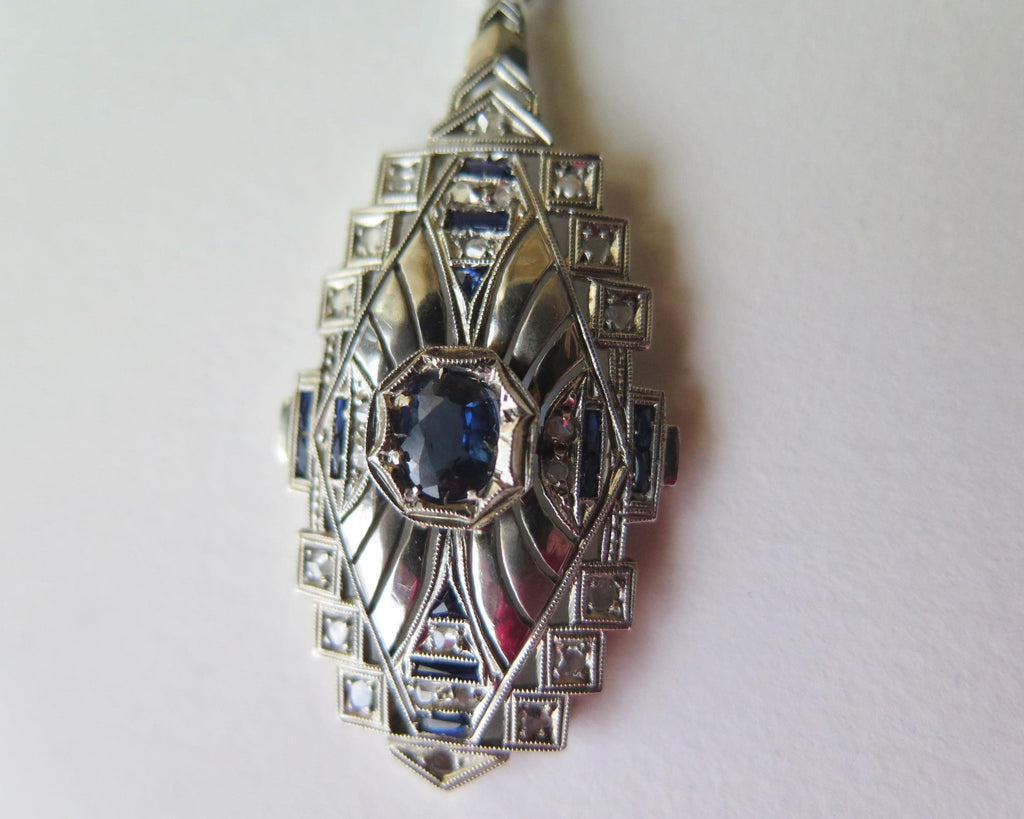 Antique Art Deco Necklace, 18k White Gold, Natural Diamonds and Sapphires