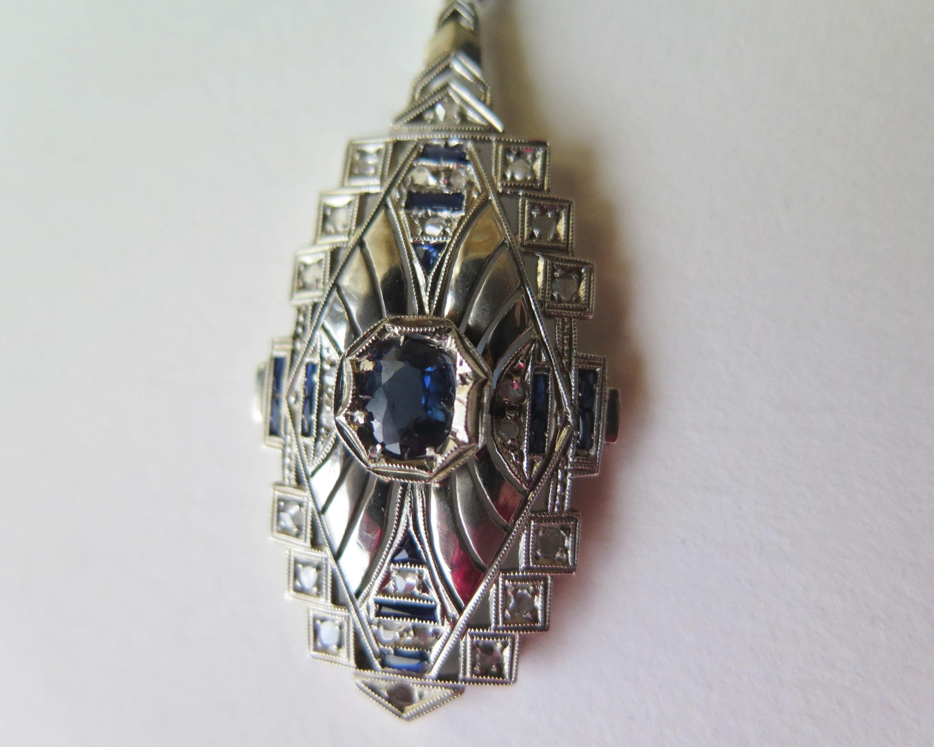 Antique Art Deco Necklace, 18k White Gold, Natural Diamonds and Sapphires