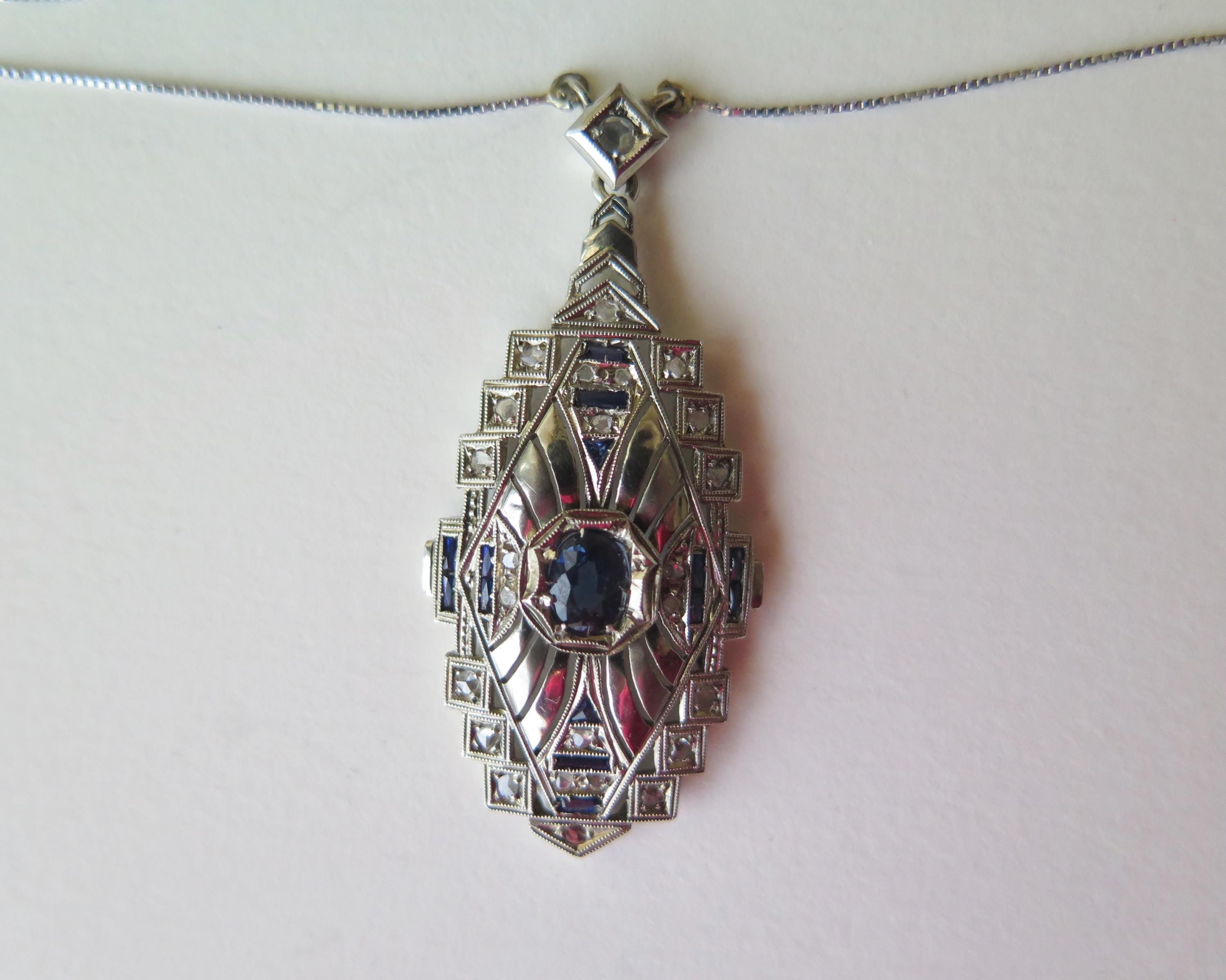 Antique Art Deco Necklace, 18k White Gold, Natural Diamonds and Sapphires