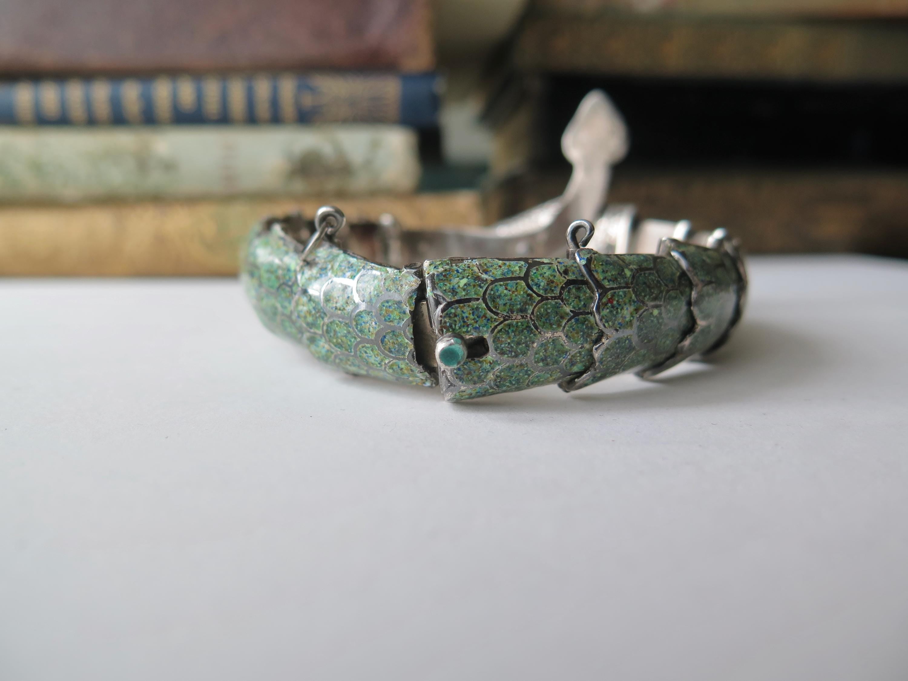 Attributed to Margot de Taxco, Vintage Taxco Snake Bracelet in 835 Silver and Enamel