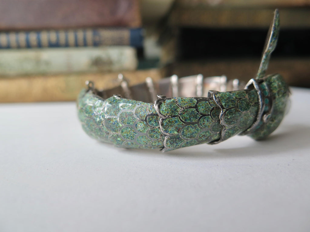 Attributed to Margot de Taxco, Vintage Taxco Snake Bracelet in 835 Silver and Enamel
